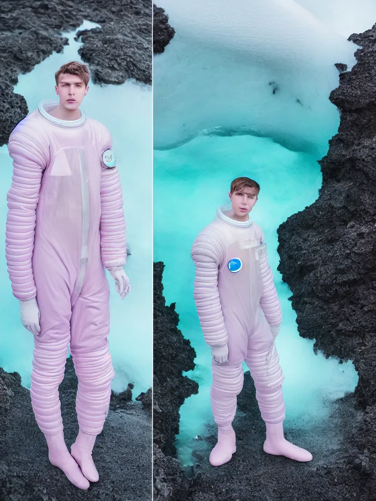 Image similar to high quality pastel coloured film portrait photograph of one beautiful young 2 0 year old male, soft features, short hair, wearing perspex space suit and oversized inflated clothing!! icelandic black rock pool environment. atmospheric three point light. photographic. art directed. ( pastel colours ). volumetric. clearcoat. waves. 8 k. filmic.