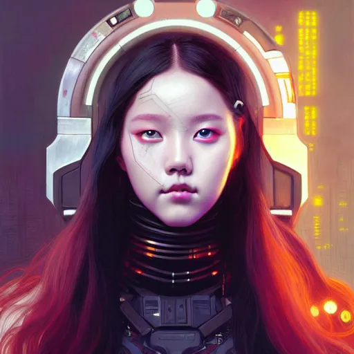 Image similar to portrait painting of olivia hye kpop as a cheerful smiling cyberpunk mercenary, ultra realistic, concept art, intricate details, eerie, highly detailed, photorealistic, octane render, 8 k, unreal engine. art by artgerm and greg rutkowski and magali villeneuve and alphonse mucha