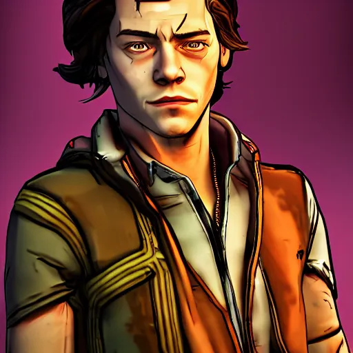 Image similar to harry styles portrait, borderlands, tales from the borderlands, the wolf among us, comic, cinematic lighting, studio quality, 8 k