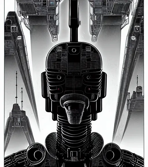 Image similar to portrait bender from futurama in futuristic city, by tsutomu nihei, by h. r. giger