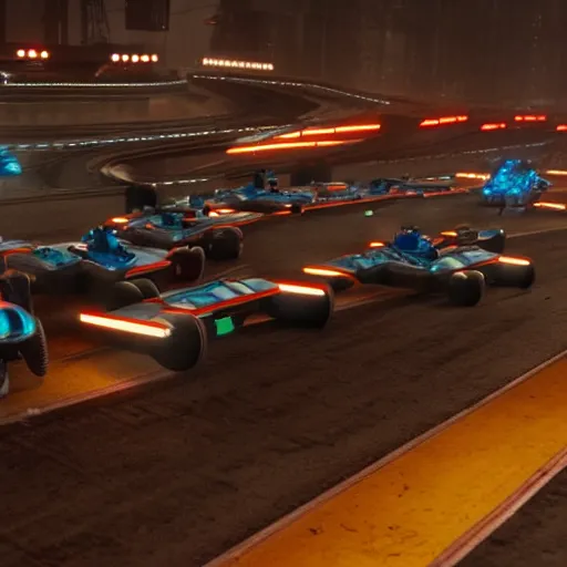 Image similar to Still of F-Zero race track with dozens of racing crafts, in the movie Blade Runner, cinematic lighting, 4k