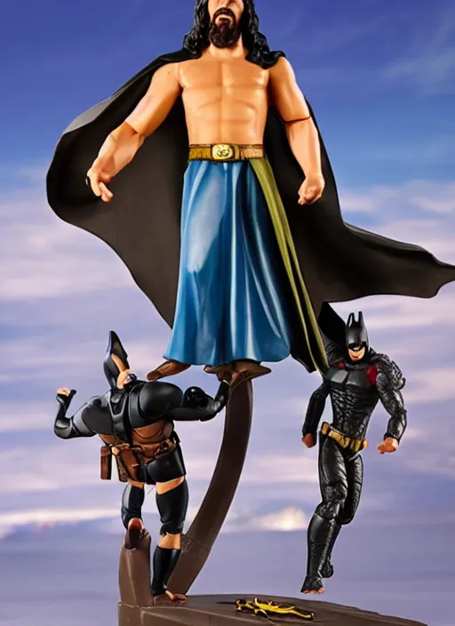 Prompt: Jesus vs the Batman in the flying sandals of salvation action figures toy pack