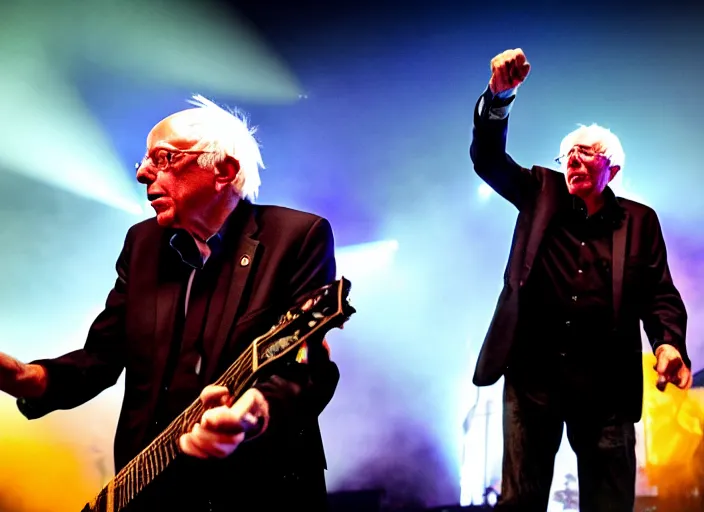 Image similar to publicity photo still of bernie sanders in a death metal band playing live on stage, 8 k, live concert lighting, mid shot