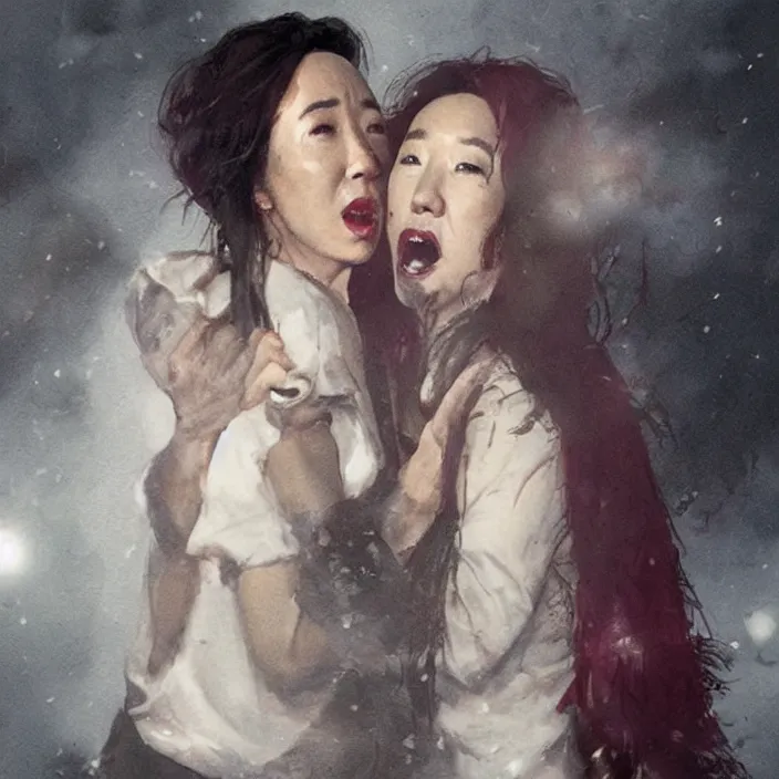 Image similar to jodie comer and sandra oh making out scene in tv series kill eve by greg rutkowski