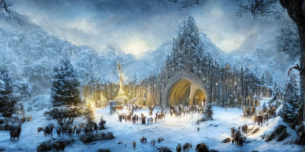 Image similar to Rivendell Christmas winter with deers, detailed matte painting, cinematic, Alan Lee, Artstation