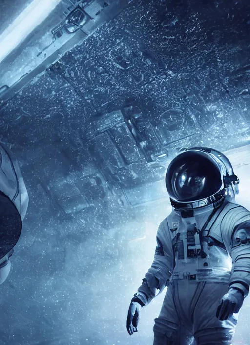 Prompt: cgi poster by craig mullins astronaut in futuristic dark and empty spaceship underwater. infrared glowing lights. complex and hyperdetailed technical suit. reflection and dispersion materials. rays and dispersion of light. volumetric light. 5 0 mm, f / 3 2. noise film photo. flash photography. unreal engine 4, octane render. interstellar movie art
