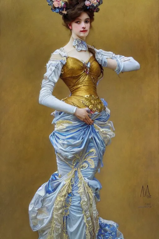 Image similar to portrait of a girl wearing an ornate gold and white dress, full body shot, highly detailed fantasy artstation artgerm alphonz mucha