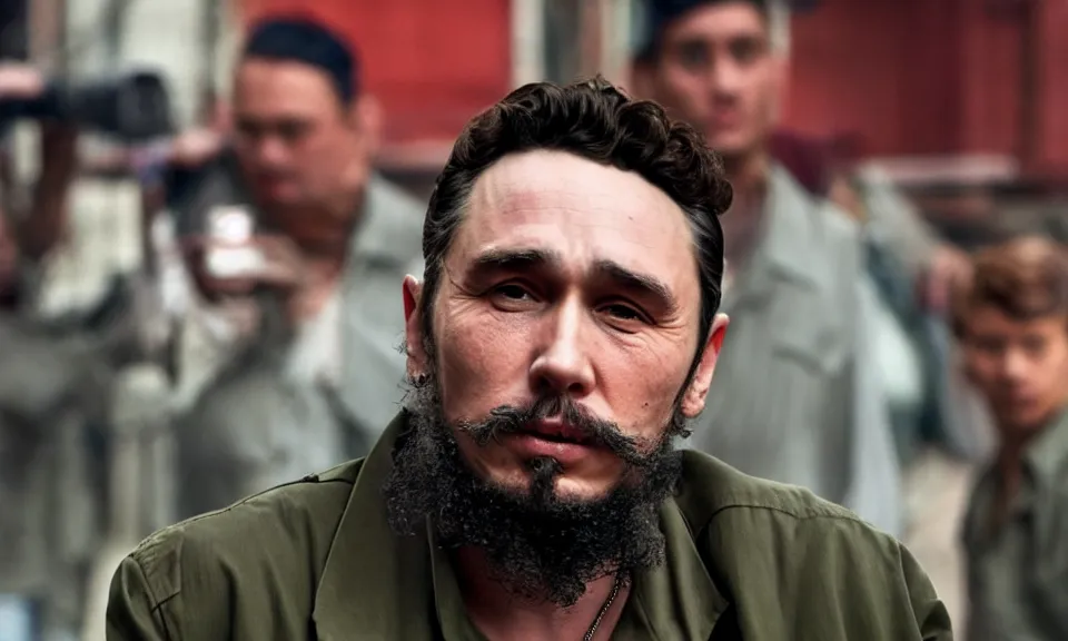 Prompt: James Franco as Fidel Castro for new Movie. Cinematic lighting. 4k ultra hd. Portrait. Low lights cuba street background.