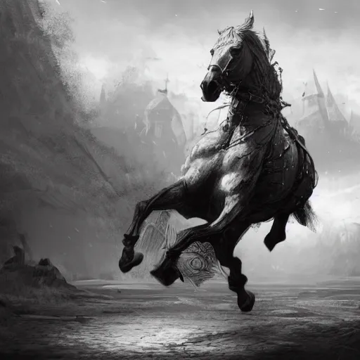 Image similar to a chess piece comes alive, the horse jumps over the wooden chessboard, fantasy art, in the style of greg rutkowski, illustration, epic, fantasy, intricate, hyper detailed, artstation, concept art, smooth, black and white, sharp focus, ray tracing