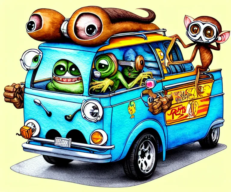 Prompt: cute and funny, tarsier driving a tiny hot rod morris j - type van with an oversized engine, ratfink style by ed roth, centered award winning watercolor pen illustration, isometric illustration by chihiro iwasaki, edited by craola, tiny details by artgerm and watercolor girl, symmetrically isometrically centered