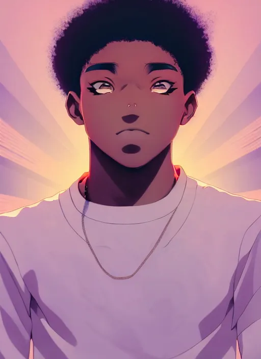 Prompt: confident hip hop young black man, looking down at the camera, anime style, scenery wallpaper aesthetic, pastel colors, symmetrical face, cinematic, dramatic, super detailed and intricate, hyper realistic, 4 k render, by artgerm, by kyoung hwan kim, by ralph mcquarrie, by yoshiyuki tomino