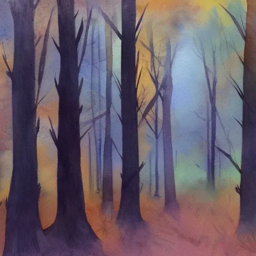 Image similar to dark forest, watercolor, oil painting