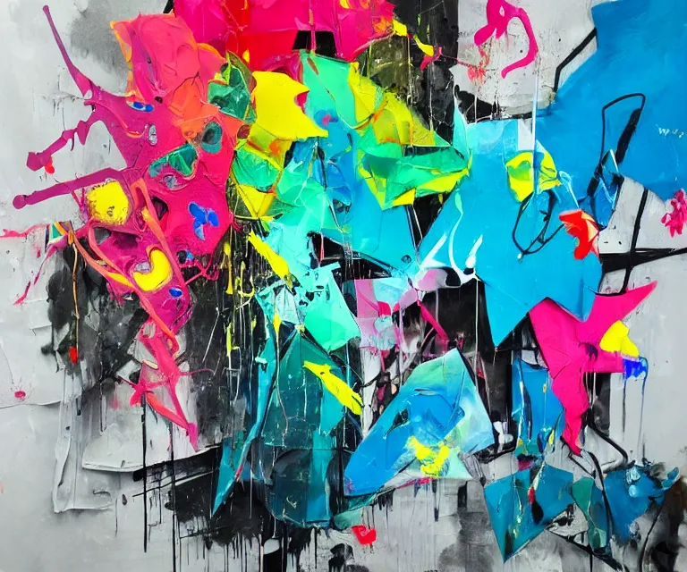 Image similar to abstract expressionist painting, paint drips, acrylic, graffiti throws, wildstyle, clear shapes, spraypaint, smeared flowers, origami crane drawings, oil pastel gestural lines, large triangular shapes, painting by ashley wood