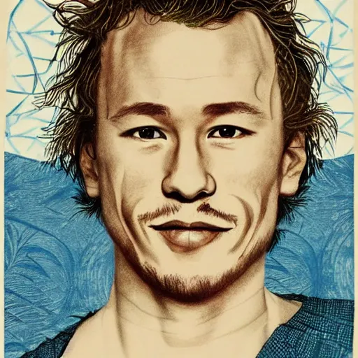 Image similar to “ heath ledger portrait by ikenaga yasunari and ayana otake and ko rakusui, 6 0 s poster, drawing, realistic, sharp focus, japanese, dreamy, nostalgia, faded, golden hues, floral clothes, porcelain skin ”