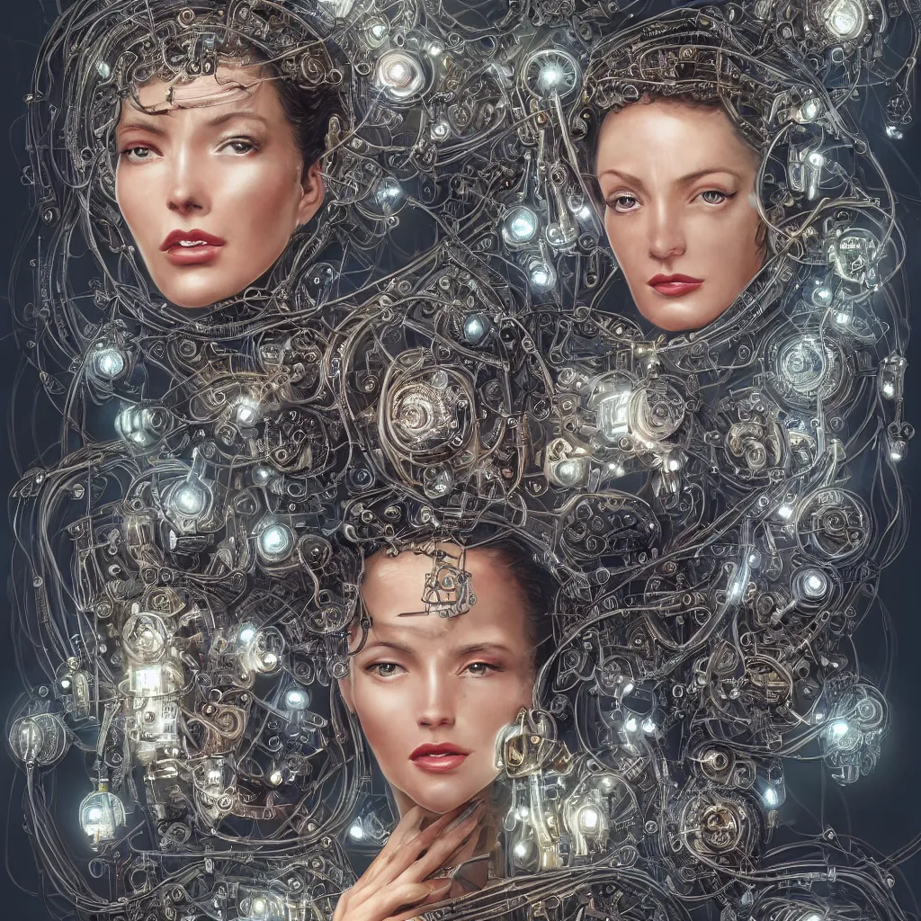 Prompt: one very beautiful woman integrating with technology, full face frontal centered, portrait, insipiring, detailed intricate ornate cables connected to head, big open electric eyes, luxurious detailed abundent wiring and implants, diamonds, sci-fi, neon, emeralds, detailed technology full background, highly detailed, artstation, Rene Lalique and Eddie Mendoza and Gil Elvgren