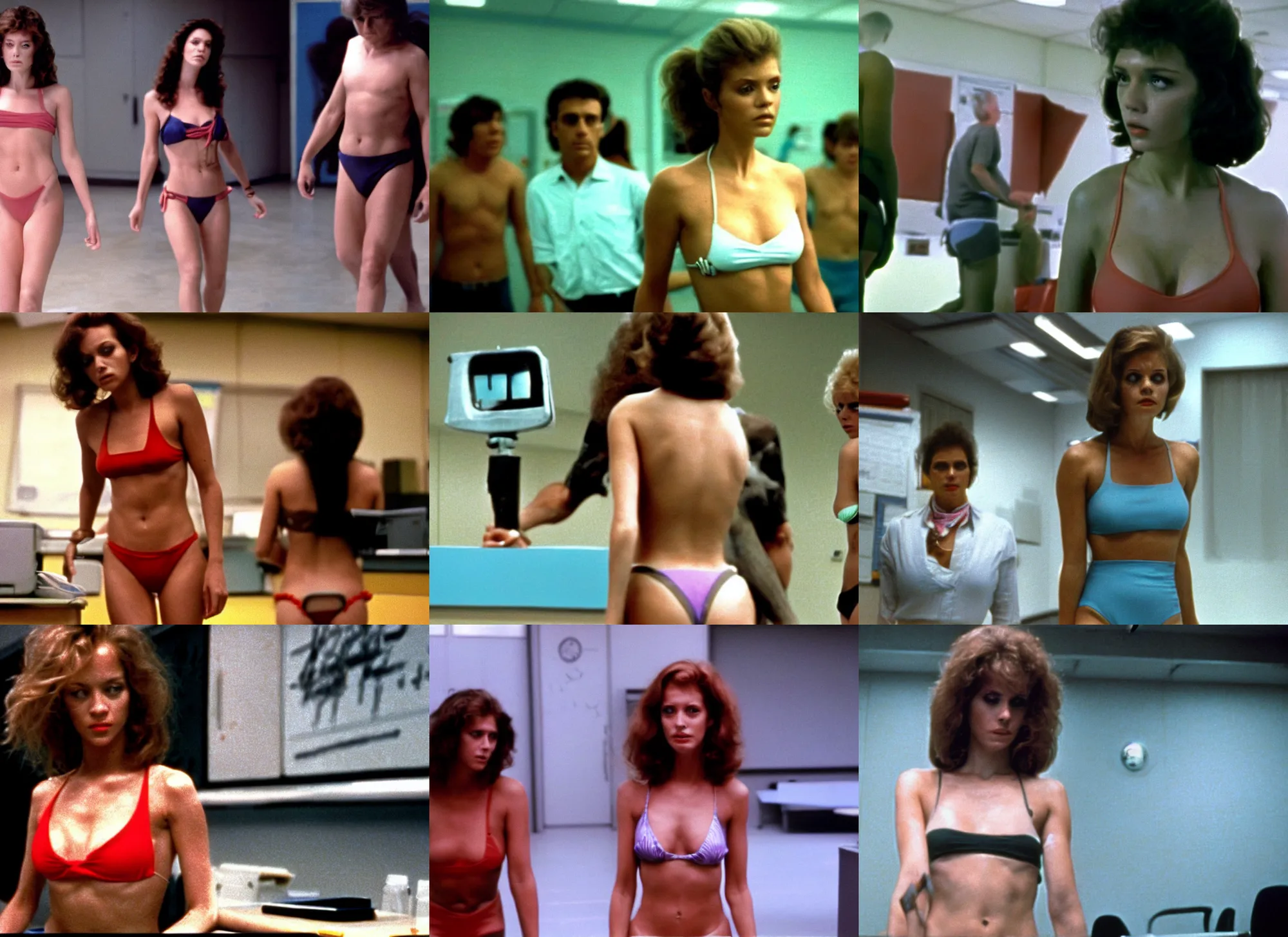 Prompt: color film still of a woman in bikini walking in the class room, alien ( 1 9 8 4 ).