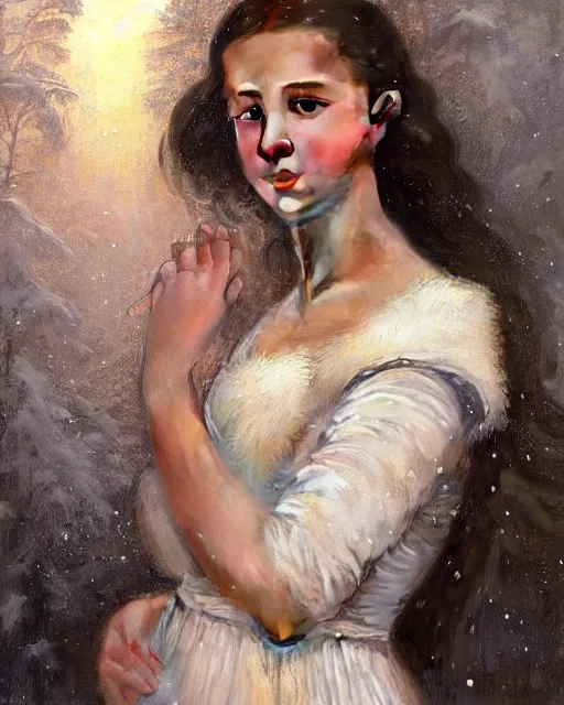 Image similar to a portrait painting of a shy, blushing 1 6 - year old alicia vikander or millie bobby brown as elsa, a princess of the ice and snow, in a snowy setting at night, intricate, elegant, highly detailed, artstation, concept art, by krenz cushart and donato giancola and william adolph bouguereau and alphonse mucha