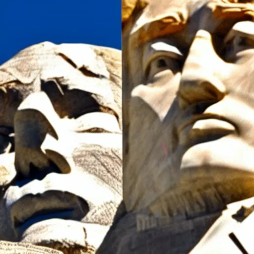 Image similar to a photo of mount rushmore after donald trump's face had been added. the photo clearly depicts the facial features of donald trump and his particular hair style carved into the stone at the mountain top