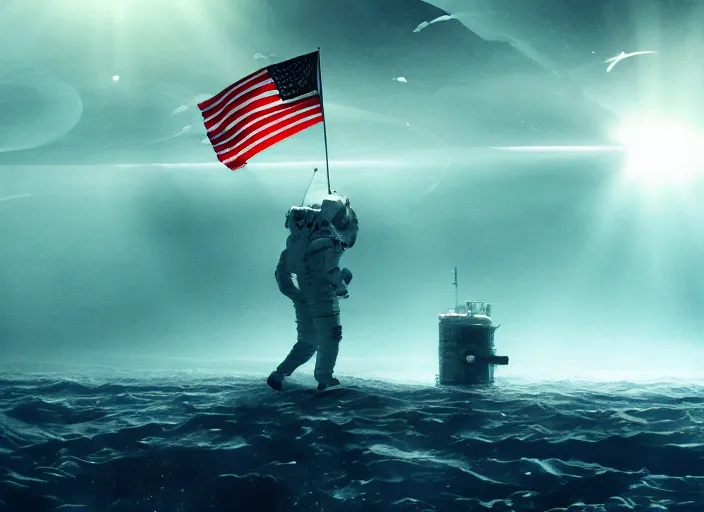 Image similar to astronaut holding a flag in an underwater desert. a submarine is visible in the distance. dark, concept art, cinematic, dramatic, atmospheric, 8 k, trending on artstation, blue, fish, low visibility, light rays, extremely coherent, bubbles, fog, ocean floor, christopher nolan, interstellar