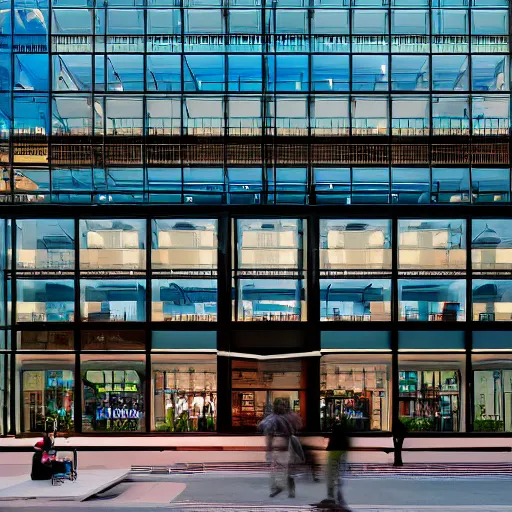 Image similar to photograph of a Microsoft Samsung flagship store in the style of Wes Anderson and Denis Villeneuve, architecture magazine, dezeen, 50mm, pentax, film