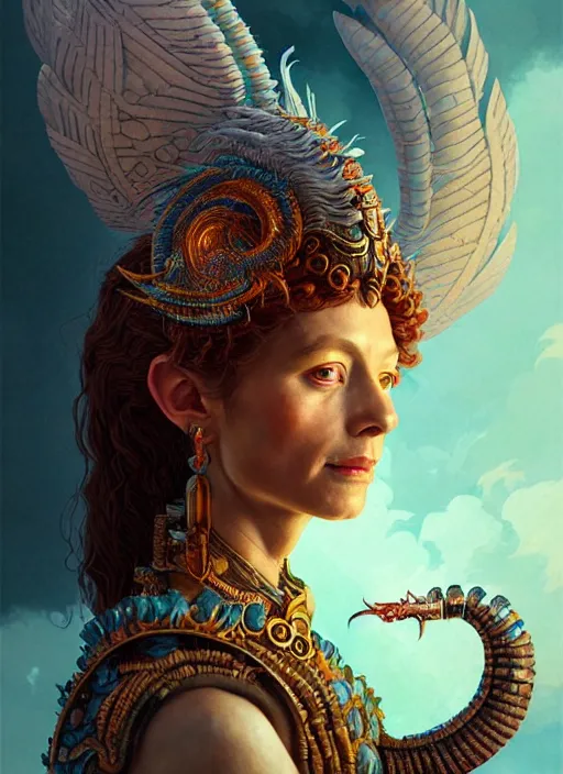 Image similar to an anton pieck portrait of a goddess, 8 k micro details beautiful intricate highly detailed quetzalcoatl skull and feathers. fire, galaxy, artwork by tooth wu and wlop and beeple and greg rutkowski, trending on artstation,