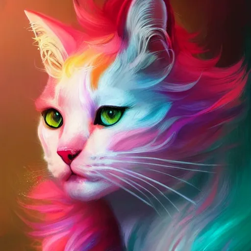 Image similar to colorful and festive cat with pink hair,. rich vivid colors, ambient lighting, dynamic lighting, 4 k, atmospheric lighting, painted, intricate, highly detailed by charlie bowater