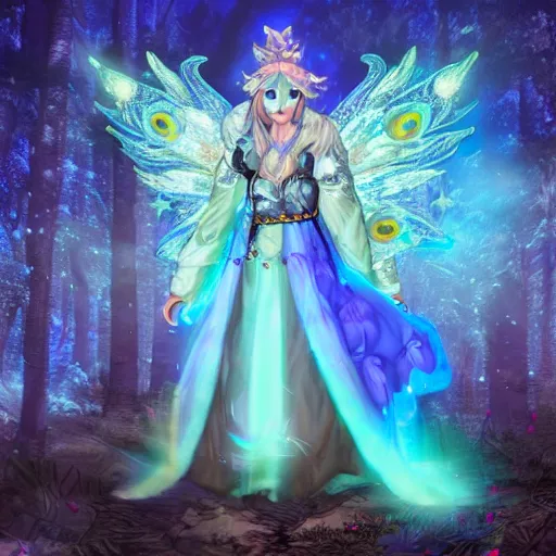 Prompt: character sheet of a starry blue fox peacock druid wearing magic imbued cotton cloud mage robes with fairy lights stitched on the fabric to resemble stars, cinematic, forest backdrop, led lights, cotton cloud mage robes, dungeons and dragons, fantasy art, the legend of vox machina, anime, dynamic camera angle