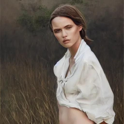 Image similar to a vogue model in a field, oil painting, pale colors, high detail, 8 k, wide angle, trending on artstation,