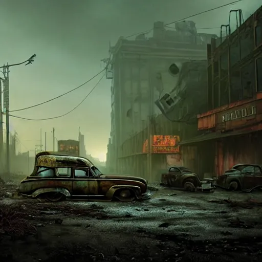 Image similar to fallout 5, ruined city environment, low density urban zone, rusted vintage cars and trucks mysterious atmospheric lighting, matte painting, intricate, iridescent, volumetric lighting, beautiful, rich deep colours masterpiece, fog golden hour, golden ratio, sharp focus, ultra detailed, by leesha hannigan, ross tran, thierry doizon, kai carpenter, ignacio fernandez rios