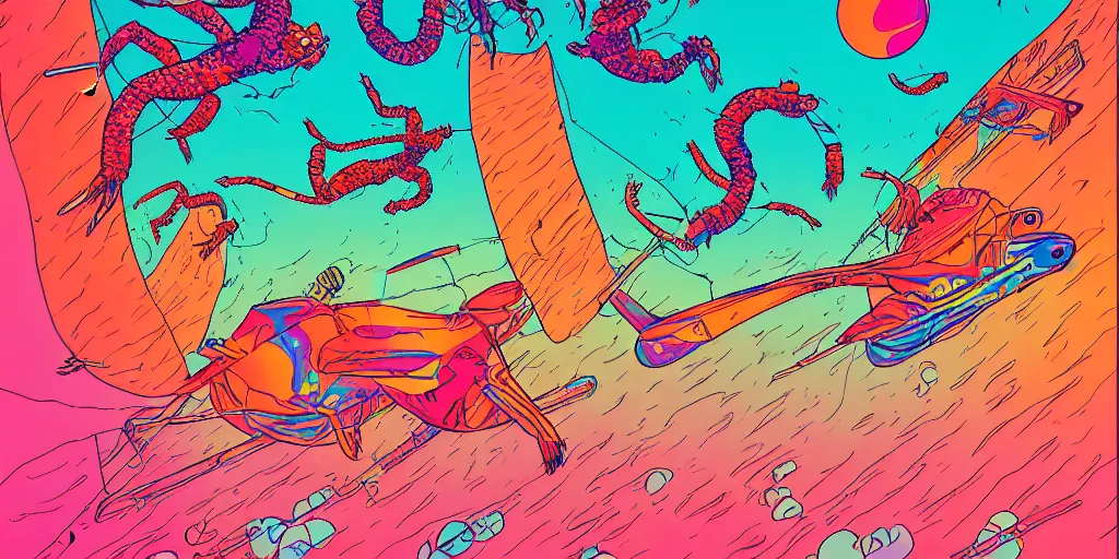 Image similar to risograph of electric cats that fly over ice, a lot of tv screens around, shrimps are all over the ground, acid and dreaming psychedelic hallucinations, by moebius, colorful surreal design, hd, 8 k, artstation