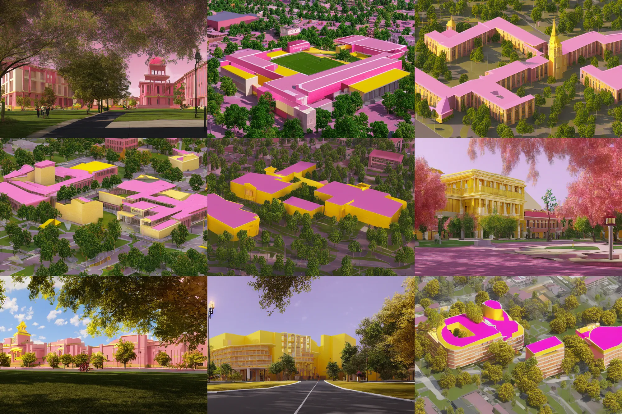 Prompt: photo of a traditional pink and gold and yellow college campus designed in the style of seppo mantyla, 4 k, realistic render