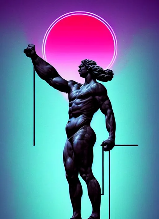 Image similar to statue of hercules, beeple, android jones, ( ( ( ( ( dan mumford ) ) ) ) ), vaporwave, retrowave, black background, neon wiring, black, glitch, strong contrast, cuts, pinterest, trending on artstation