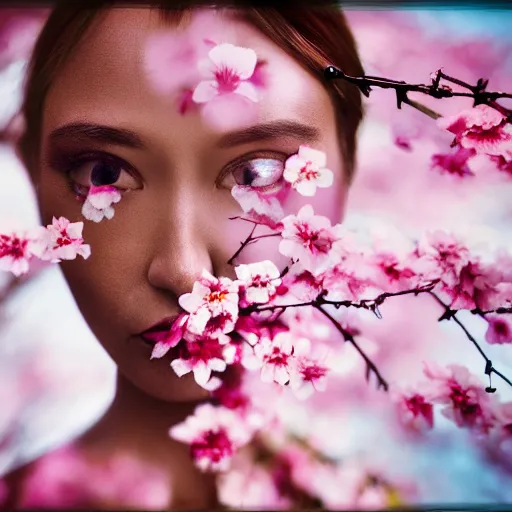 Image similar to double exposure photo of a face of a woman and cherry blossoms, award-winning photograph, 8k UHD