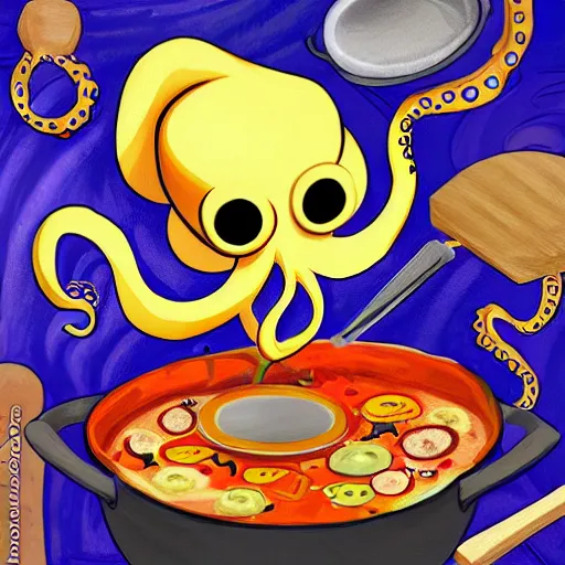 Prompt: occult anthropomorphic octopus chef cooking a delicious colorful soup, digital paintingl