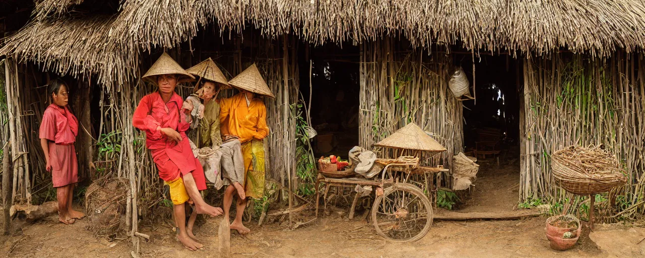 Image similar to rural vietnamese village building hut out of spaghetti, ultra - realistic faces, fine detail, canon 5 0 mm, in the style of ansel adams, wes anderson, kodachrome