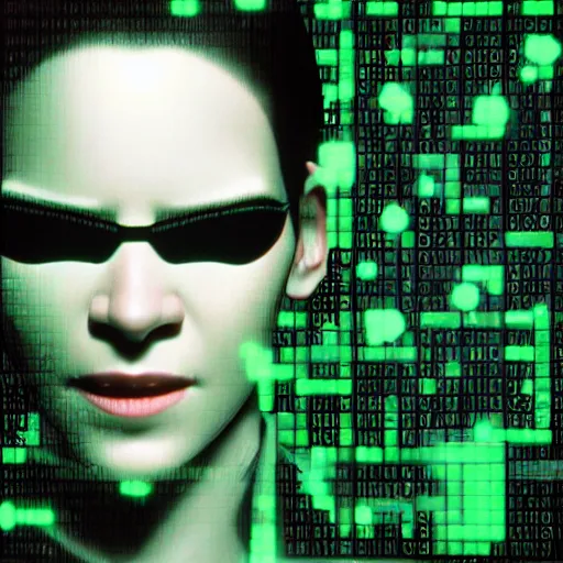 Image similar to insanely detailed octane render of neo from the matrix using a telepgraph machine, hyperrealistic, photorealism, volumetric lighting, dramatic lighting, glowing, green matrix code