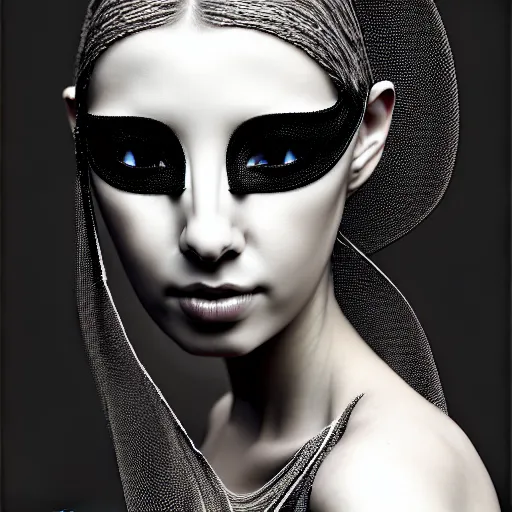 Image similar to portrait of a young beautiful woman with a mask. contemporary photograph and speed painting and fractal and mandelbulb and lines and scribble art. black and white. intricate, elegant, super highly detailed, professional digital painting, artstation, concept art, smooth, sharp focus, no blur, no dof, extreme illustration, Unreal Engine 5, Photorealism, HD quality, 8k resolution, cinema 4d, 3D, beautiful, cinematic, art by artgerm and greg rutkowski and alphonse mucha and loish and WLOP.