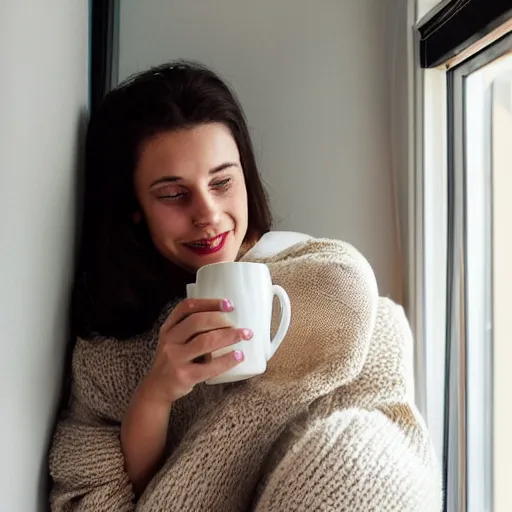 Prompt: photograph of a pretty french girl with dark hair, wearing a loose fitting oversized homely white sweater, cuddled up on a windowsill sipping tea from a mug with the light of the sunset illuminating her beautiful brown eyes. Shot in the style of Annie Leibovitz for an Ikea catalogue in 2008, Sigma 1.6, 50mm, bokeh, cinematic lighting, high detail, tack sharp focus, award winning.