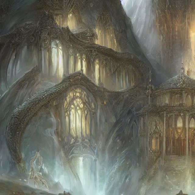 Prompt: the delicate opal palace beautifully showcases elven architecture. oil painting by the award - winning concept artist
