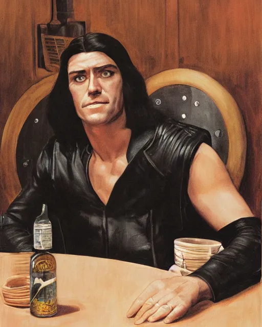 Prompt: rhett sarlin sitting at a table in a cantina on tatooine, long black hair, black leather vest, portrait by ralph mcquarrie