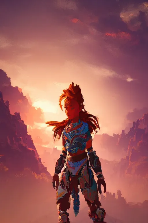 Image similar to combination suit armor aloy horizon forbidden west horizon zero dawn radiating a glowing aura global illumination ray tracing hdr fanart arstation by ian pesty and alena aenami artworks in 4 k tribal robot ninja mask helmet backpack