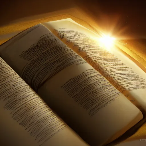 Image similar to photorealistic Bible, heavenly light shining onto it, golden light, aura, cgsociety, artstationhq, digital art, detailed