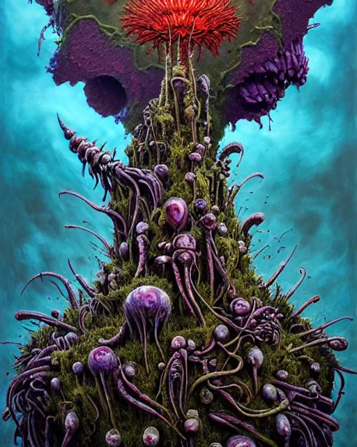 Image similar to the platonic ideal of flowers, rotting, insects and praying of cletus kasady carnage thanos dementor wild hunt chtulu mandelbulb schpongle tsar bomba bioshock xenomorph akira, ego death, decay, dmt, psilocybin, concept art by randy vargas and zdzisław beksinski