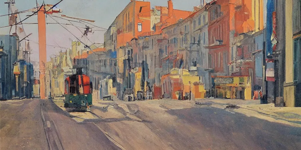 Prompt: street art. paralyzed by the indescribable beauty of the cosmos. amazing view of the electric trail from lisbon. art style by edward hopper daring, incredible