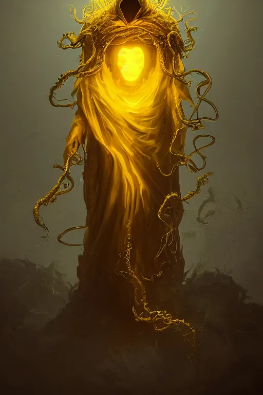 Image similar to A full body portrait of a mysterious character with no face with a very long hooded yellow cloak, a golden crown floating above his head tentacles coming out the ground art by Maciej Kuciara and Jason Chan, ominous, cosmic horror, trending on artstation, Ultra detailed, hyper realistic 4k