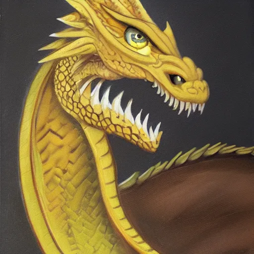 Prompt: oil painting of a yellow female dragon with a tired eye bags yet with open eyes and a calm smile, she has long messy brown hair as well.