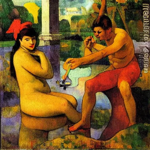 Prompt: numerical evergrowing technological New York hexagon swift puddle portico tub , by Paul Gauguin and Eugene Delacroix and Valentine Hugo , oil on canvas , tarot card , detailed painting