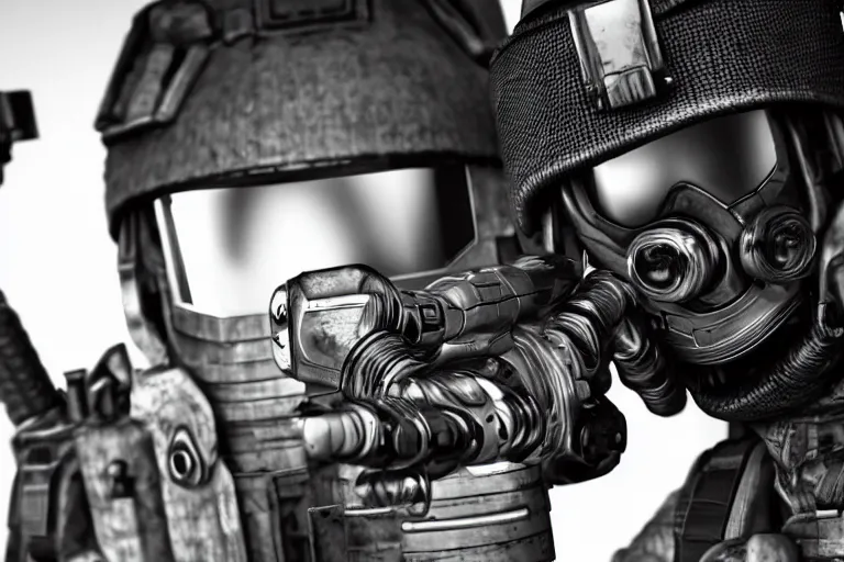 Image similar to still photo of a futuristic soldier looking at the camera in a battlefield, black and white color aesthetic, highly detailed, photorealistic portrait, bright studio setting, studio lighting, crisp quality and light reflections, unreal engine 5 quality render