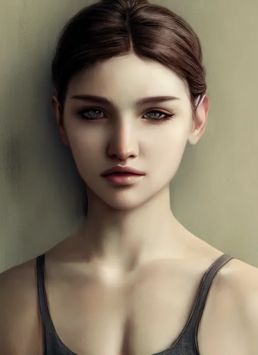 Image similar to a realistic photo portrait of beautiful 👧 with soft 👀 fashion modeling pose, full body, like a professional model, face by WLOP, body by Alex Flores, face symmetry, style of Dan Luvisi, and Charlie Bowater, rendered, cinematic color grading, muted colors, soft light, rule of thirds, cinematic