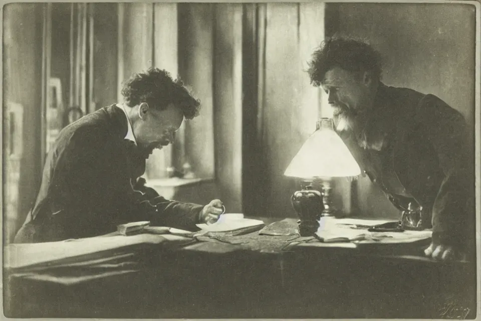 Image similar to wet plate photograph, august strindberg banging his fist on a secretary desk in a small viennese apartment, night time, alone, lamplight, victorian era, depth of field, very detailed, highly accurate, intricate